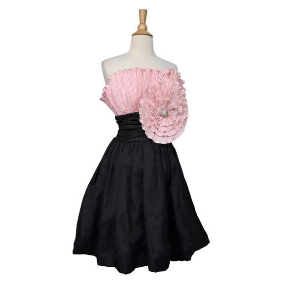 Vintage 80s AJ Bari Origami Crinkle Pink Flower Black Taffeta Party Dress XXS - Picture 7 of 10
